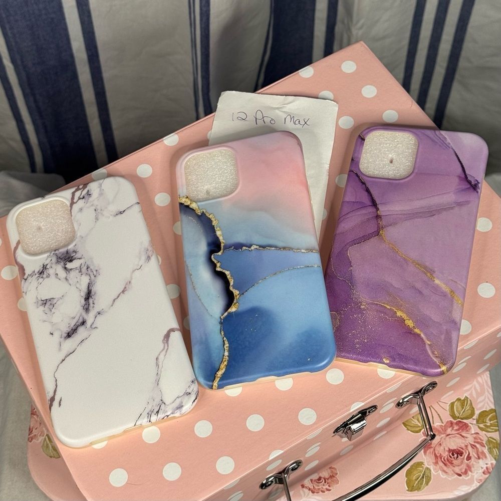 Marble Design Phone Case Set - White, Blue, Purple 12 Pro Max